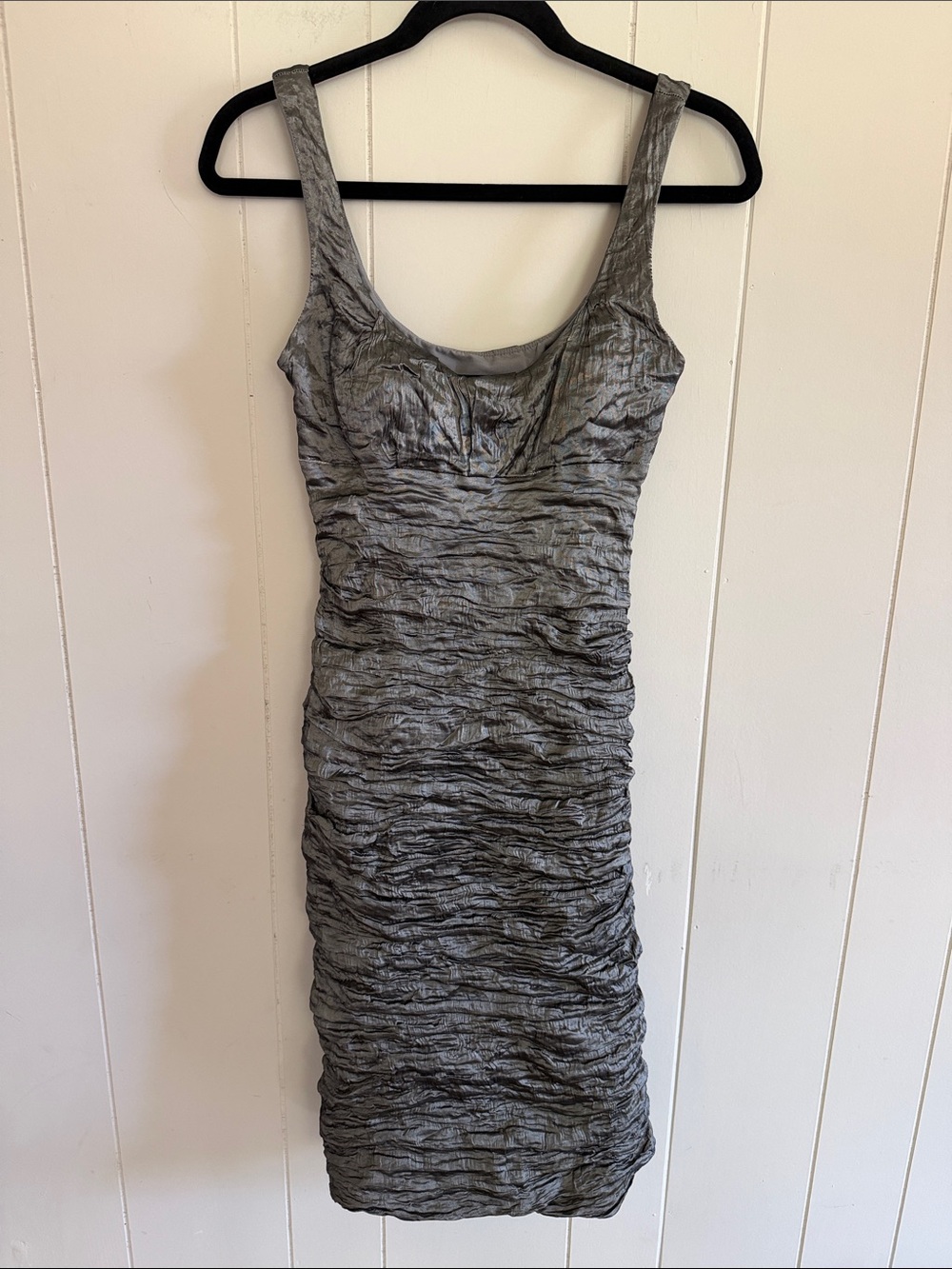 Nicole Miller Vintage Y2K Techno Metal 90s Crinkle Ruched Gunmetal Dress Size 4